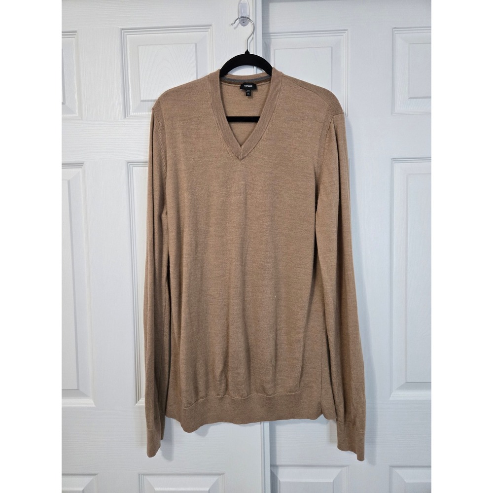Express Mens XL Tall Tan Camel 100% Merino Wool V-Neck Lightweight Sweater